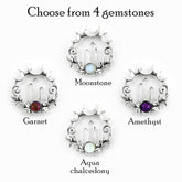 Circle of Crescent Moons, Vines, Gemstone Cabochon, Raw Quartz Crystal Points Silver Pendant Handmade | Woot & Hammy